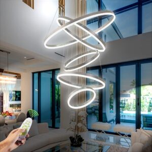 Modern Chandelier,Dimmable Modern Led Chandelier 5 Rings Big Chandelier for High Ceiling Chandelier for Dining Room,Contemporary Acrylic Modern Led Pendant Chandelier Light Fixture with Remote Control