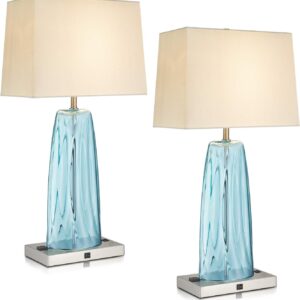 LMS USB Table Lamp Set of 2, 28″ Bedside Table Lamps with USB Charging Ports, Blue Glass Nightstand Lamp with White Fabric Shade, Table Lamps for Bedroom Living Room, LMS-070