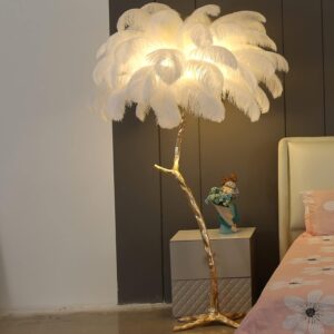 Modern Luxury Real Ostrich Feather Gold Floor Lamp Metal Resin Nordic Standing Lamp Villa Repot Hotel Decor Lighting Romantic Princess Bedroom Bedside Floor Lamp 160cm(w/LED Bulbs Gfit)-White