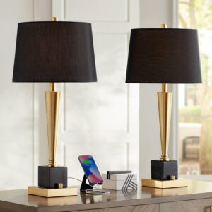 Possini Euro Design Wayne Modern Table Lamps 29 1/4″ Tall Set of 2 with USB Charging Port Brass Gold Black Tapered Drum Shade for Bedroom Living Room Nightstand Bedside Night Stand Office Kids Room