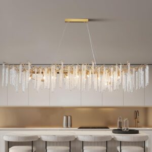 Gold Crystal Chandelier, Modern 70.8″ Rectangular Chandeliers for Dining Room,K9 Large Luxury Flush Mount Chandelier for Foyer Living Room,Kitchen Island Hanging Light Fixture