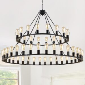 LEDIARY 60 Inch 54 Lights Wagon Wheel Chandelier, 2 Tier Black Farmhouse Chandeliers for Dining Room, Modern Rustic Extra Large Round Hanging Light Fixture for High Ceilings, Living Room, Foyer